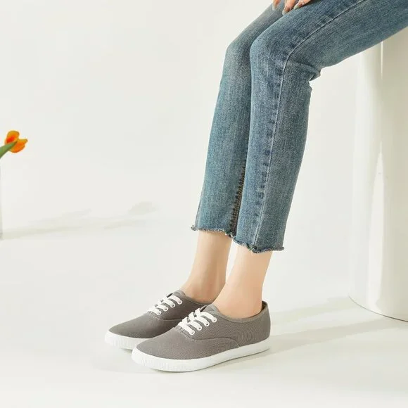 ⚡Women's Grey Classic Sneakers Low Top White Canvas Shoes Casual Lightweight